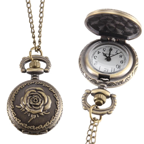 Vintage ficka liten watch Steampunk kvarts watch med kedja ihåligt cover Halsband brons färg legering fob klocka män gåva gear