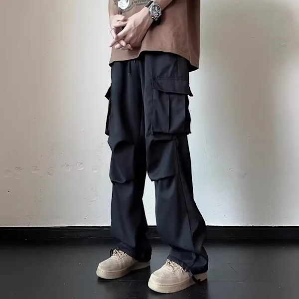 2024 Aarmy Grön Midja Överalls Pojkar Byxor Baggy Rak-Ben Flera Fickor Byxor Män Casual Streetwear Svett Byxor black M