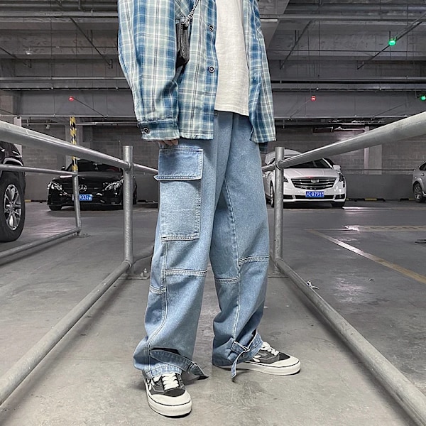 Män Jeans Bred Ben Denim Byxor Loose Straight Baggy Mäns Jeans Hip Hop Streetwear Skateboard Neutral Denim Byxor Lastjeanser light blue Asia M(55-60kg)