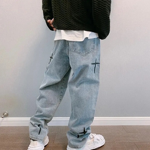 Hösten Nya Män Prints Streetwear Baggy Bred Ben Jeans Koreanska Y2k Byxor Hana Drapes Rak Casual Loose Denim Lastbyxor Light-Blue L