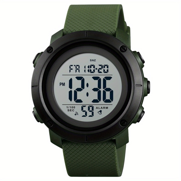 Digital watch för män med stoppurslarmfunktion, vattentät hållbar LED taktisk skärm med dubbla tidszoner Elektronisk watch Green White