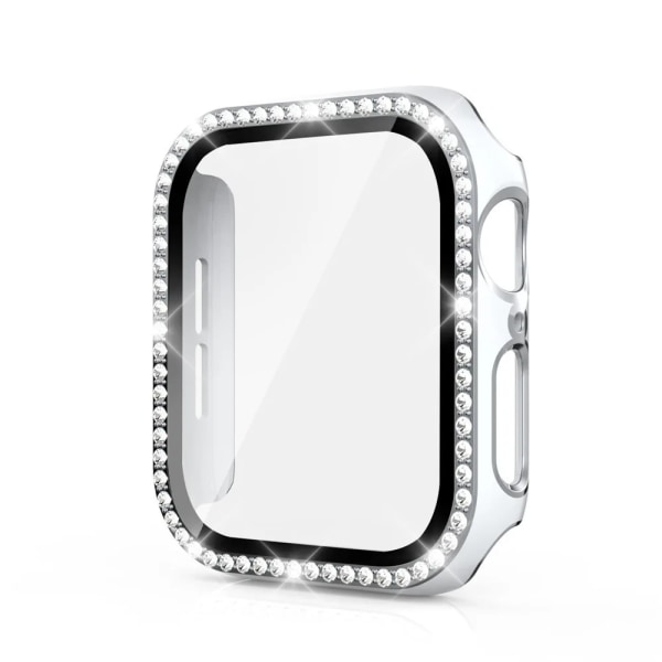 Bling Glass+ cover för Apple Watch Case 45mm 41mm 40mm 44mm 42mm 38mm Diamant stötfångare+skärmskydd iwatch series 7 9 8 5 6 SE A White silver 44mm Series 654 SE