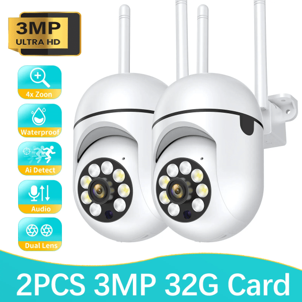 3MP Utomhus Wifi-kamera Övervakning Night Vision Fullfärg Ai Människospårning 4X digital zoom Videosäkerhetsövervakningskameror EU Plug 3MP-32G SD Card 2PCS