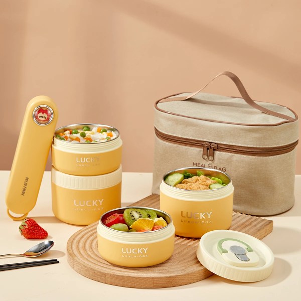 WORTHBUY Bärbar förseglad termisk lunchlåda för barn Stapelbar mikrovågsugn 304 Rostfritt stål Bento-låda Isolerad matbehållare 400ML Beige