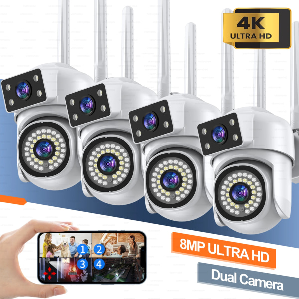 8MP Dual Lens IP Wifi-kamera 1/4PCS Säkerhetsövervakning PTZ Dual Screen Video Fullfärg Night Vision Utomhuskameror 8x zoom AU Plug 8MP 2PCS 32G SD Card