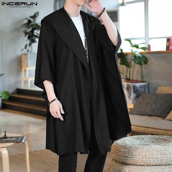 Mäns Trench Retro Kimono Hooded 3/4 Ärm Öppen Stygn Lång Tunn Oregelbundna Rockar Solid 2024 Streetwear Casual Low Ytterkläder Incerun Navy XXL