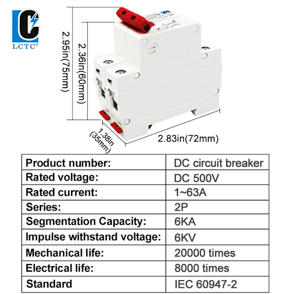 Dc-kretsbrytare för solpaneler, överbelastningsskyddsbrytare 500Vc63 6A/10A/16A/20A/25A/32A/40 A/50A/63A Din-skena automatisk brytare 2p 32A