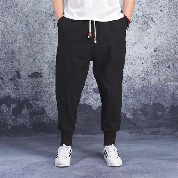 Bomull Linne Harem Byxor Män Fast Elastisk Midja Streetwear Joggers 2022 Nya Baggy Drop-Crotch Byxor Casual Tro Casual Tro Användare Män 46Black US XXXL