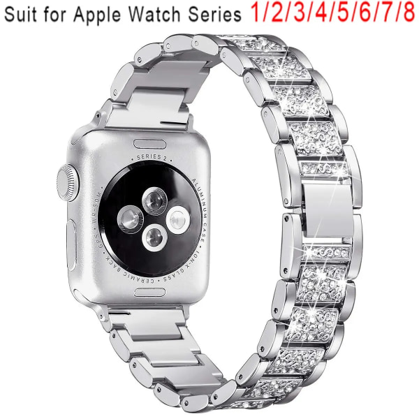 Diamond Bling-rem för Apple Watch Band 40 mm 45 mm 44 mm 41 mm 42 mm 38 mm metallbälte för IWatch Series 8 7 SE 6 5 4 Damarmband Silver 38mm 40mm 41mm