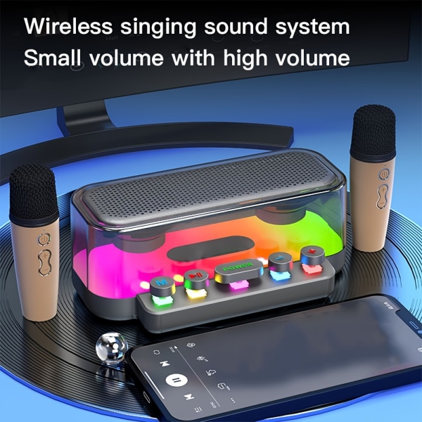 Trådlös högtalare med trådlös mikrofon Bärbar karaoke-högtalare med LED-lampor Familjefest Vuxen Födelsedagspresent TF-kort (ingår ej) Black