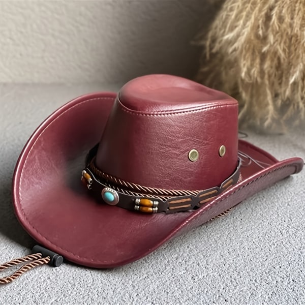 Western Cowboyhatt i PU Läder Klassisk Enfärgad Vattentät Jazz Fedora Unisex utomhus Cowgirlhattar För Kvinnor Män 2 Brown