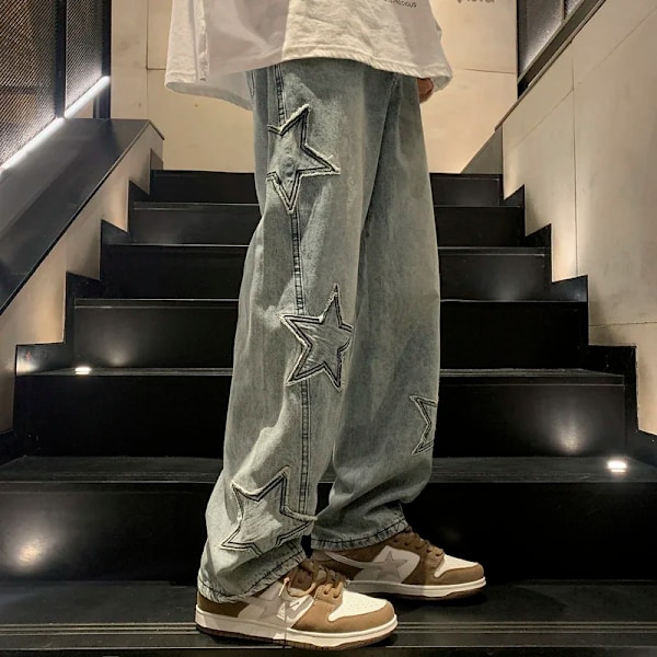 Nya Mäns Stjärna Broderier Rakt Casual Jeans Baggy Gothic Neutral Bred Denim Byxor Hip-Hop Mode Ungdomar Streetwear Man Y2k Blue Asia XL (65-72.5kg)