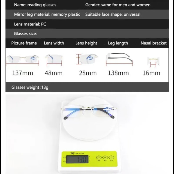 Nya Anti Blue Ray läsglasögon Män Kvinnor Båglös skärning Presbyopia Glasögon för damer Blue Light Glasögon C1