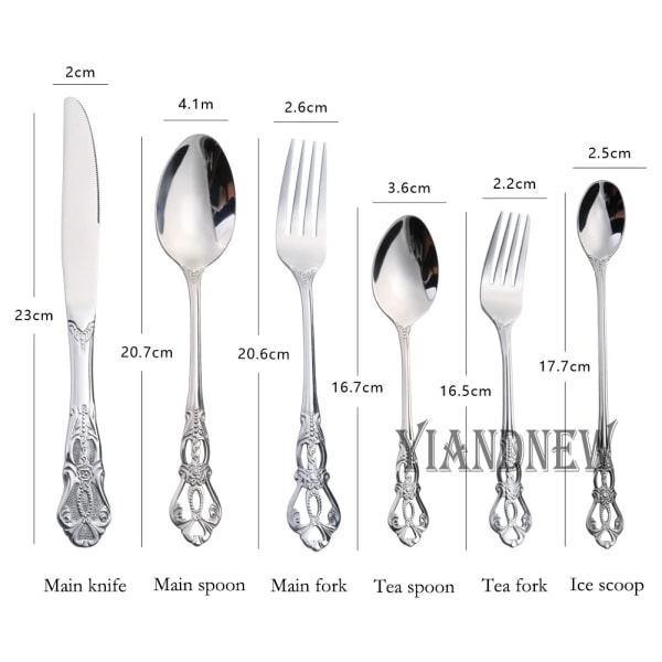 6st rostfritt stål set guld serviser Royal tesked gafflar Knivar Kök västerländsk middag Silverbestick Gåva C Ice spoon