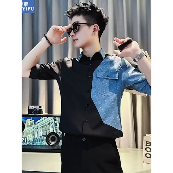Sommer Les Handsome T Lille Størrelse Slim-Fit Patchwork Kortærmet Skjorte Trendy Mænd Kort Student Cool Og Vild Skjorte Rock White XL