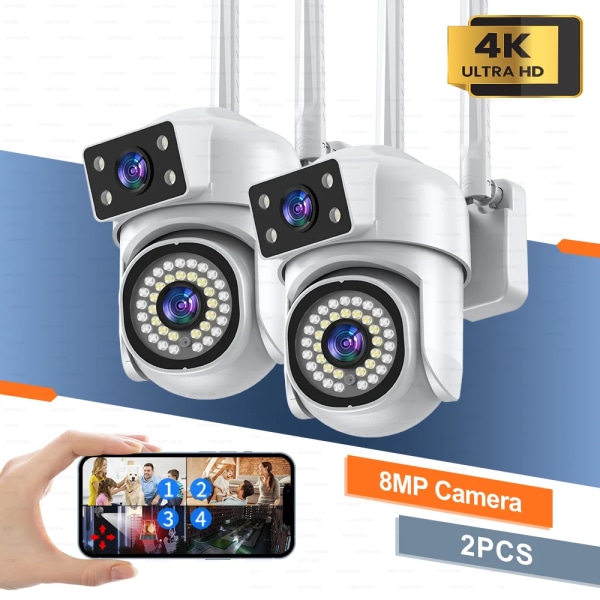 8MP Dual Lens IP Wifi-kamera 1/4PCS Säkerhetsövervakning PTZ Dual Screen Video Fullfärg Night Vision Utomhuskameror 8x zoom AU Plug 8MP 2PCS NO SD Card