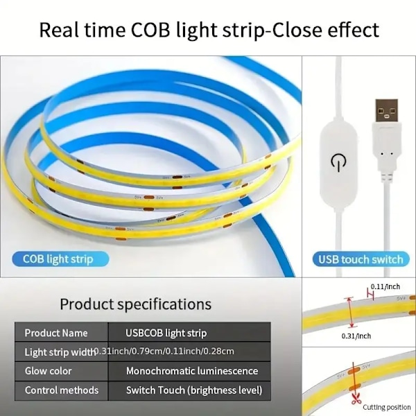 Led-valonauha Usb-kosketussensori 5V Cob-diodi Teippi Himmennin Taustavalo Diy Suuri tiheys Lineaarinen valaistus Lamppu Kodin sisustukseen Warm White 1m