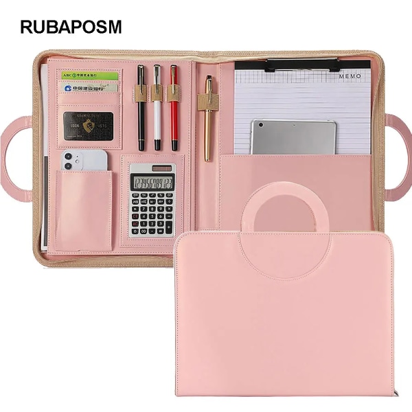 A4 Portfolio Mapp Padfolio Kvinnor Business Portfölj Vikbart handtag Läder Dragkedja Notebook Miniräknare Arkiv Dokument Organizer Pink