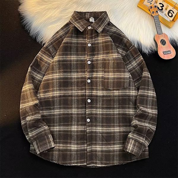 Hong Kong Style Plaid Tröja Mäns Höst Och Vinter Snygg Lång Ärm Skjorta Mode Trendy Märke Japanska Style Inre Wer Vår Och Höst Rock Nytt Brown XL