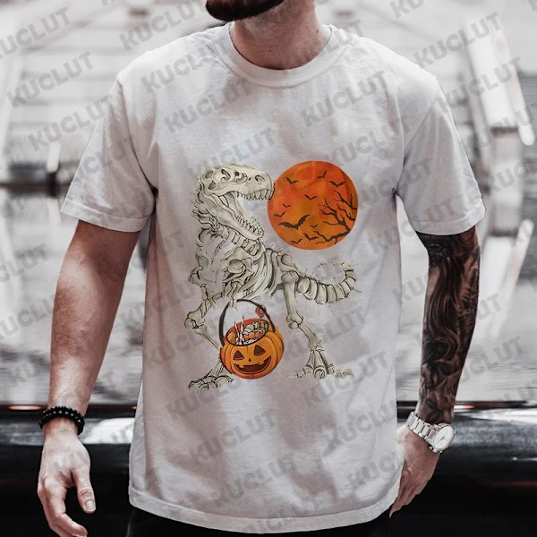 Halloween Dinosaur Skelett Skriv Ut Män T-Shirts Casual Summer Short Slem Tee Rolig Grafisk Y2k Toppar Harajuku Överdimensionerade Kläder 240716-2-1-1 6XL