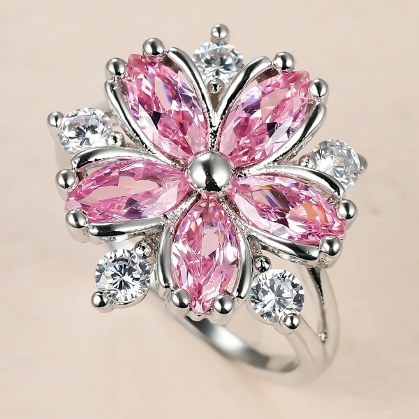 Söt Kvinnlig Rosa Kristall Sten Ring Charm Silver Färg Tunn Bröllopsringar För Kvinnor Dainty Brude Blomma Zircon Engagemet Ringe AJZ3039white 12