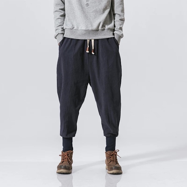 Spring Casual Oversize Harem Byxor Män Streetwear Solid Färg Harajuku Baggy Byxor Bomull Lin Elastisk Midja Joggers För Människan Navy Chinese Size XXXL