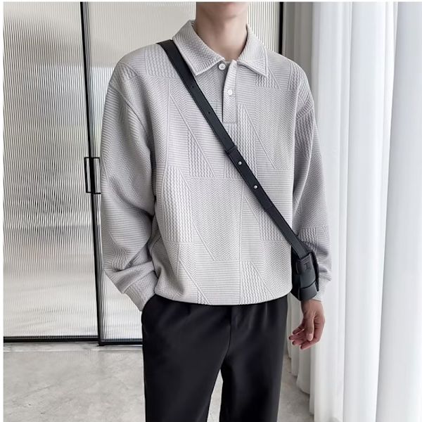 Mäns Tröja Ny 2023 Höst Och Vinter Lapel Mode Märke Höst Kläder Våffel Långärmad Skjorta Mäns Topp Vår Och Höst. Grey M