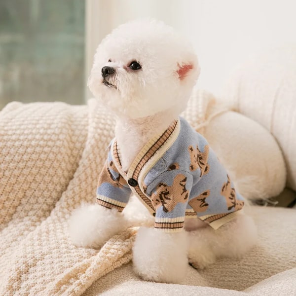Stickad hundtröja för hund i college stil för små hundar Varma valpkläder Chihuahua Yorkie-rock Husdjurstillbehör Blue XS