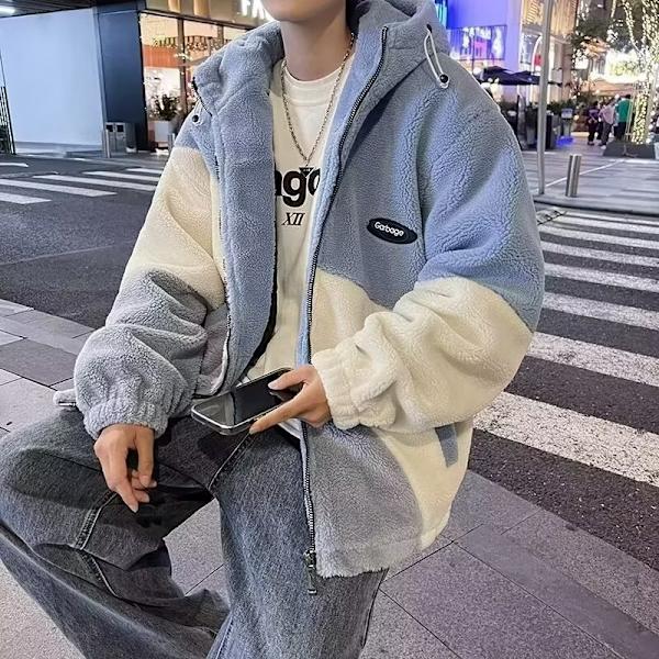 Berber Fleece Bomullsrock Mäns Vinter Ny Lappverk Kontrast Färg Bomulls-Vadderade Kläder Trendy Tonårs Fleeces Vadderad Jacka Vinterkläder Blue XL