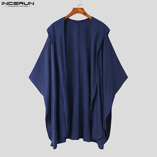 Mäns Trench Retro Kimono Hooded 3/4 Ärm Öppen Stygn Lång Tunn Oregelbundna Rockar Solid 2024 Streetwear Casual Low Ytterkläder Incerun Navy XL