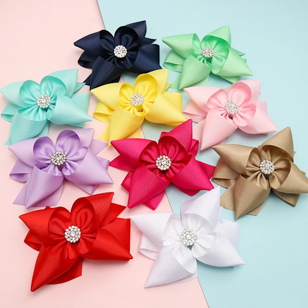 Ncmama Solid Ribbon Staplade Hår Bågar För Flickor Med Rhinestone Handgjorda Bow Hår Clips Prinsess Stylen Tjejer Hår Tillbehör 2