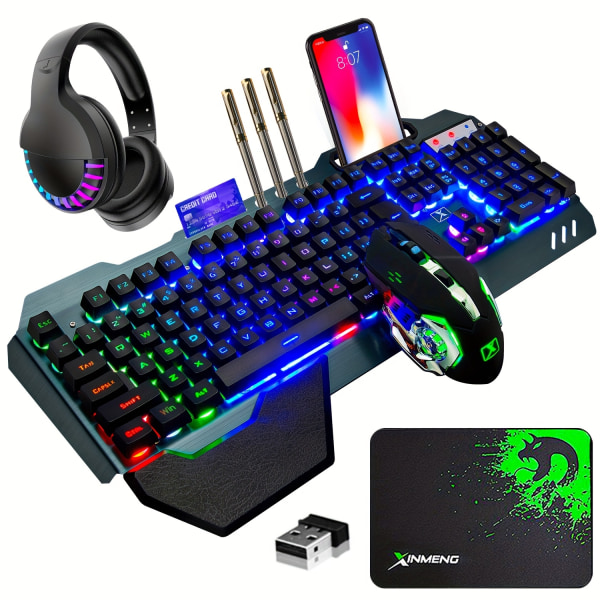 Trådlöst speltangentbord Mus Bluetooth -headsetsats med 16 RGB bakgrundsbelyst uppladdningsbart batteri Metall Mekanisk Ergonomisk (Rainbow RGB) Black Rainbow RGB
