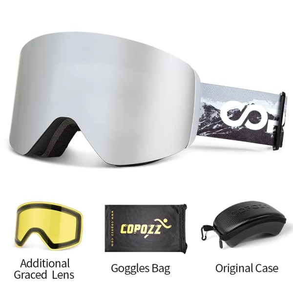 OTG Ski Goggle Snowboard Mask För Herr Kvinnor Gult case Glasögonsats Cylindrisk UV400 Skydd Snöglasögon Vuxen black silver set