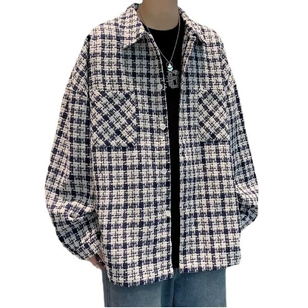 Hong Kong Style Japanska Style Plaid Långärmad Skjorta Män Trendig Casual Skjortjacka Våren Och Hösten Mode Märker Wooler N Rock För Män Blue M