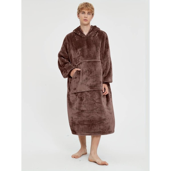 Men's Hooded Trendy Pajamas Warm Flannel Robe With Pocket, Solid One-piece Hoodie Pajamas