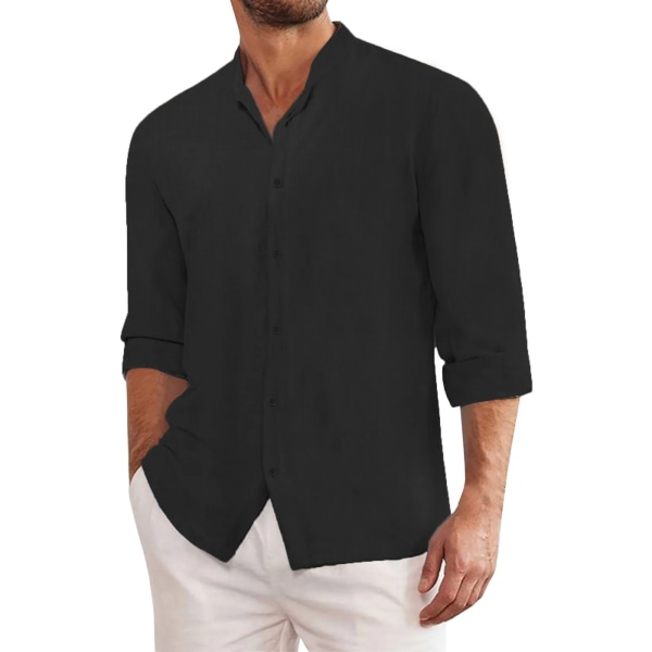 Linneskjortor i bomull för män Enfärgad långärmad oversize topp vår/höst stilig modeskjorta White Asian L(50-60Kg)