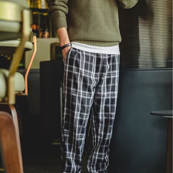 Plaid Casual Byxor Mäns Långa Byxor Lös Raka Slim Look Bred Ben Lös Midja Byxor Mäns Vår Och Höst Nytt Black M