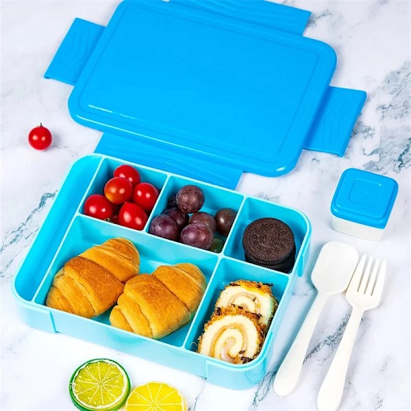 1330ML Frokostboks Voksen Bento Bokse Madbeholdere med 6 Rum og Bestik Til Snack Arbejde Skole Mikroovn Opvarmning Sky Blue 5