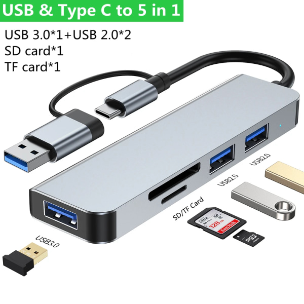 Extenseur multiport USB för telefon Xiaomi och tablette, répartiteur av typ C, adapter USB S6, 3 portar, 4 portar, 5 portar, 7/8 portar, 2 och 1 usb type c 5 in 1