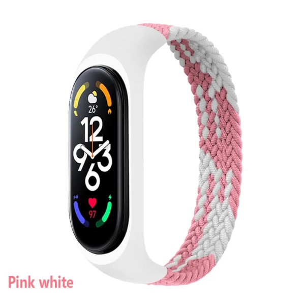 Armband för Xiaomi Mi band 6 7 Rem Nylon Flätad solo loop pulseira armband Miband5 Armbandsbälte Mi band 5 4 3 6 correa pink white XS  (140mm-150mm)