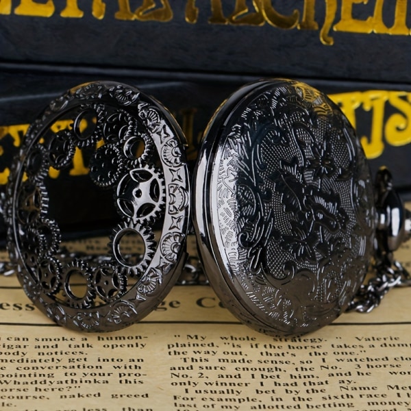 Retro Black Hollow Gear Design Halsband Pendant Pocket Watch present för män och kvinnor Black