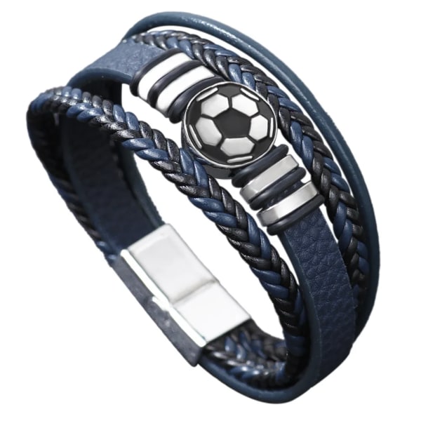 Moderiktigt armband, handgjort vävt kors för män, svart och vitt fotbollsläderarmband, armband med magnetiskt spänne i legering Football Blue 21cm