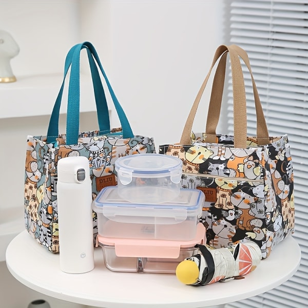 Söt matsäck med tecknat print , isolerad Bento-väska med stor kapacitet, thermal kylväska för skola, arbete, resor och picknick Pink Cat