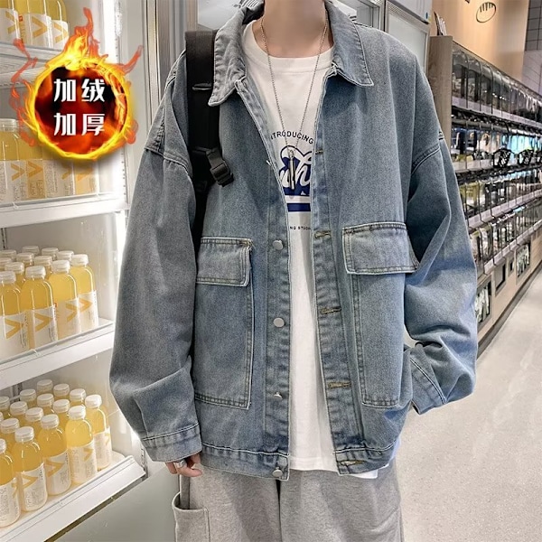 Polo Krave Jakke Mænds Efterår Og Vinter Nye Koreanske Style Løs Teen Trendy Denim Frakke Fashion Brand Fleece-Foret Fortykke Mænds Tøj Blue Pile XXL