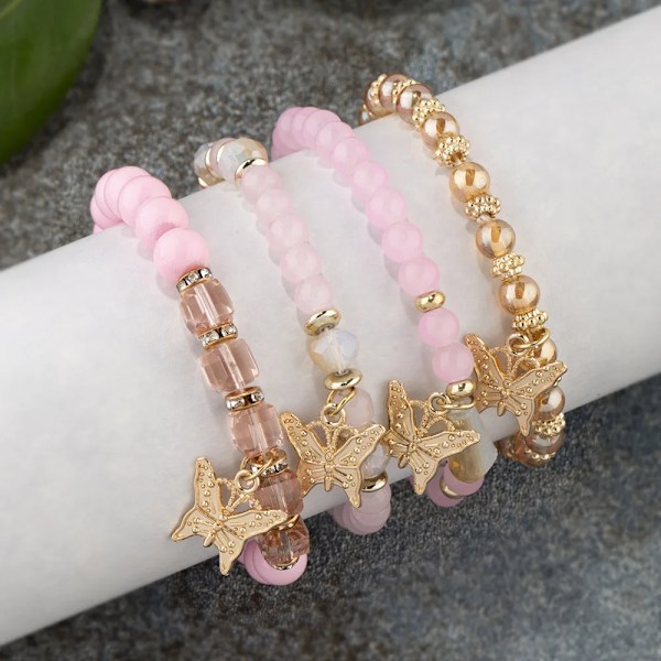 4 stk. Trendy Butterfly Perle Armbåndssæt til kvinder Rosa Akryl Perler Elastisk Kæde Armbånd Kvinde Boho Bohemian Fest Smykker Gave 5