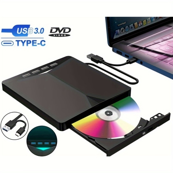 Extern DVD-enhet för stationära och bärbara datorer, USB 3.0 DVD-spelare, bärbar DVD-brännare, ROM-extern DVD-enhet, stöd för bärbara datorer Black