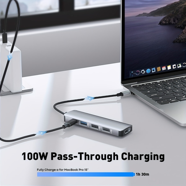 5-i-1 USB C Hub Multi-Port Adapter För MacBook Pro/ För IPad, Typ C Hub Till 4K HDMI | 100W power | USB 3.0-port | 2 USB 2.0-portar | USB-C