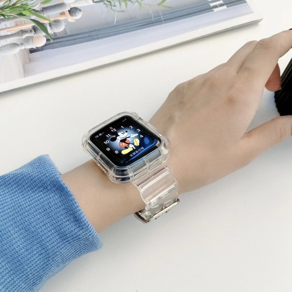 Klart band + case för Apple Watch Series 8 7 6 SE 5 4 45 mm 44 mm 42 mm 41 mm Transparent för iwatch 3 2 38 mm 40 mm gummirem TRY 38 40 41MM