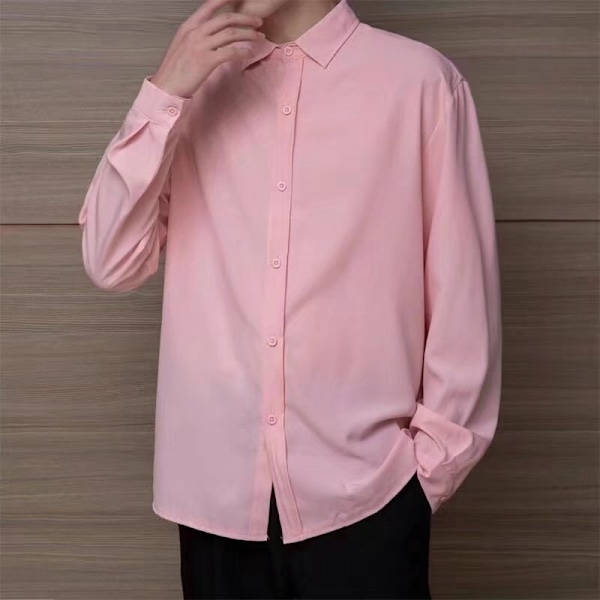 Ny Höstskjorta Mäns Lång Ärm Fall Korean Trend Pu Handika Mäns Rock Casual Män Kläder Höst Kläder Skjorta Pink XL