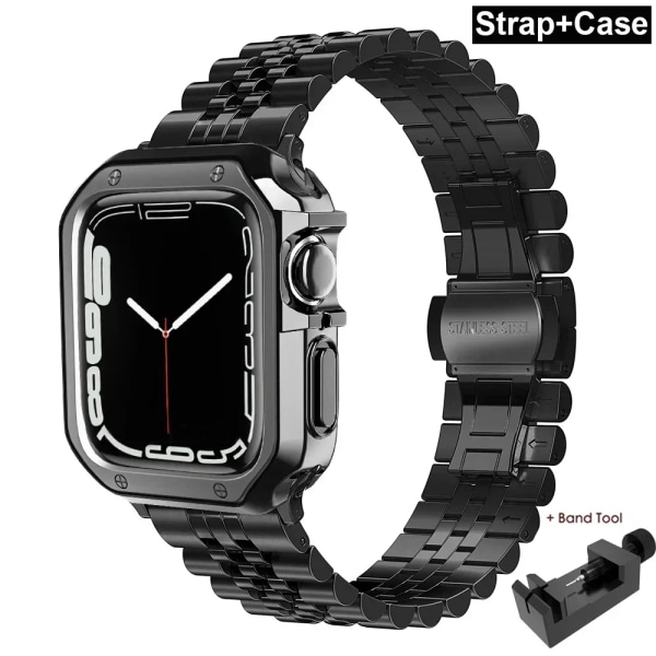 Case för Apple Watch i rostfritt stål för Apple Watch 38 mm 42 mm 40 mm 44 mm 41 mm 45 mm metallband för iWatch Series9 8 7 6 SE 5 4 3 2 1 Correa Black Set 45mm-Series 9 8 7